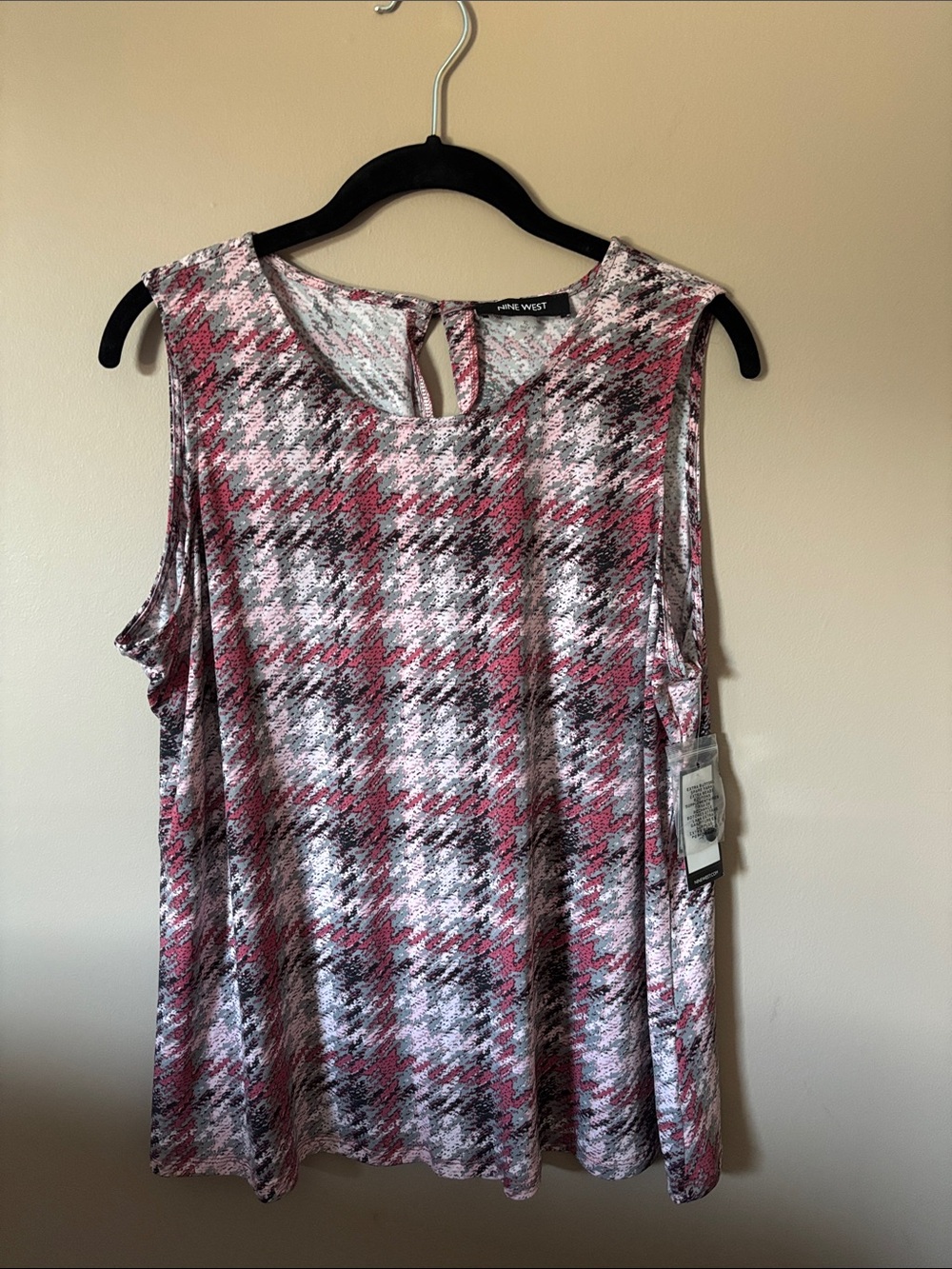 Nine West Pink and Gray Plaid Keyhole Sleeveless Blouse